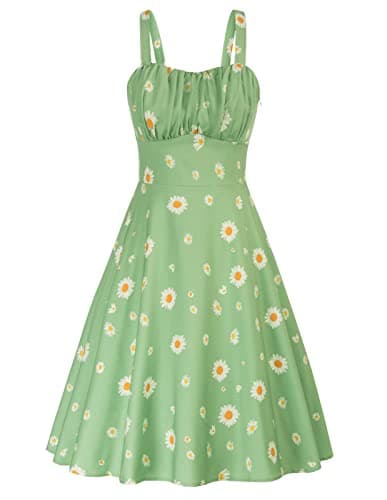 Women's Vintage Summer Floral Sage Green Dress Sleeveless Ruched A Line Flare Dresses Beach Sundresses Daisy Dress M - Image 1