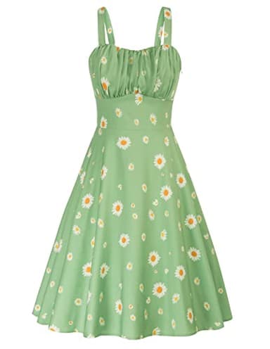 Women's Vintage Summer Floral Sage Green Dress Sleeveless Ruched A Line Flare Dresses Beach Sundresses Daisy Dress M - Image 1