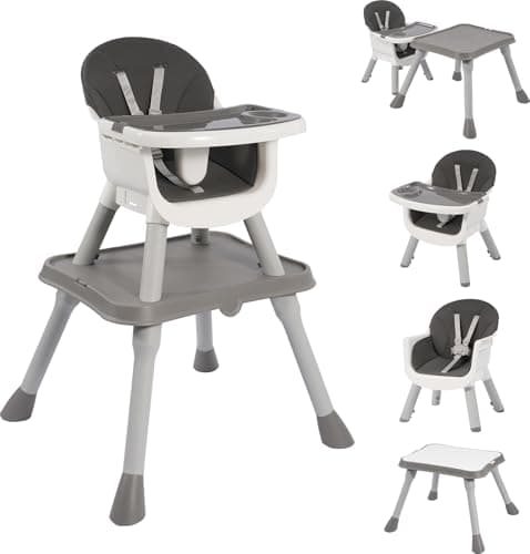 Convertible Baby 6-in-1 High Chair, for Children 6-36 Months with Safety Harness, Removable Tray & PU Cushion, Gray - Image 1