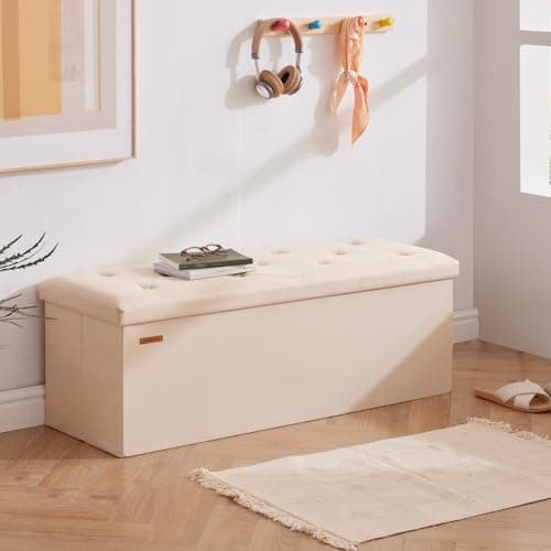 HAUSFRAU 43.5 Inches Ottoman with Storage Bench, Folding Ottoman Bench Foot Rest Stool, Bedroom Bench, Holds up to 660 lb, Linen Beige - Image 1