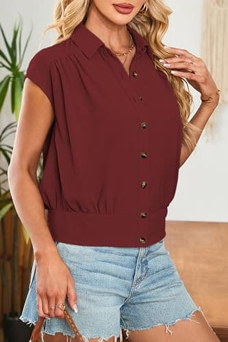 Cakulo Womens Summer Short Sleeve Button Down Shirts 2025 Dressy Casual Polo V Neck Collared Blouses Tops Ruby M - Image 3