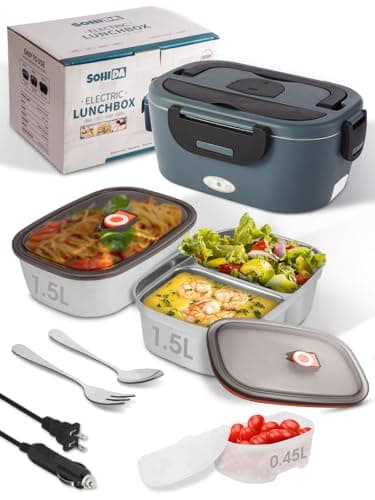 SOHIDA Heated Lunch Box, 80W Electric Lunch Box with Two 1.5L Stainless Steel Interchangeable Containers and Lids, 12V/24V/110V Food Warmer with Utensils and Insulated Bag for Car/Truck/Office (Black) - Image 1