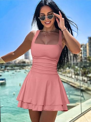 Kaximil Women's Square Neck Ruffle Hem Mini Dress Ruched Waist Short Party Dresses, Small, Water Pink - Image 6