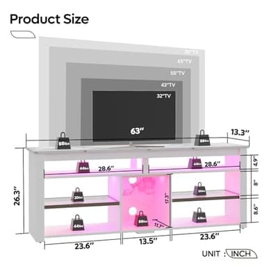Bestier TV Stand for 70 inch TV, Tall Entertainment Center with 2 Led Lights, Gaming TV Console with Storage for PS5, Modern TV Cabinet for Bedroom, Living Room, White Marble - Image 5