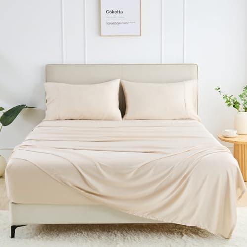 GOKOTTA King Size Sheets Set 4 Pcs,100% Rayon Derived from Bamboo,Cooling Sheets King Size for Hot Sleepers,16 Inch Deep Pocket King Sheets with Elastic Corner Straps, Silky Soft & Breathable - Beige - Image 1