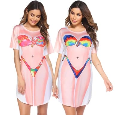 Ekouaer Women's Bikini Printed Tshirt Summer Swimsuit Shirt Cover Up for Women Funny Short Sleeve Beach Party Bikini Shirt M - Image 2