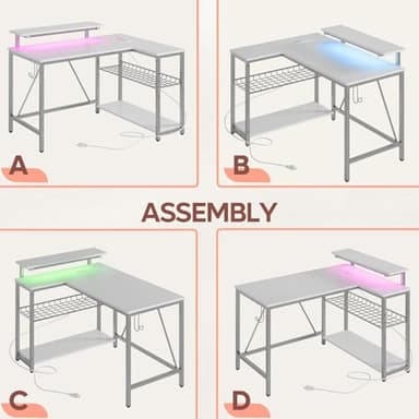 Bestier White Computer Desk with Charging Port & LED Strip,42 inch Modern Gaming Desk with Reversible Storage Shelves,Small L Shaped Desk with Hooks for Home Office - Image 7