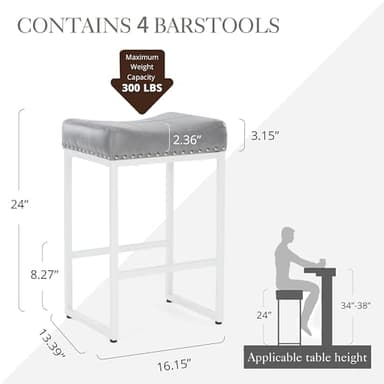 LUE BONA Counter Height Bar Stools, 24" Square Saddle BarStools Set of 4, Modern Backless Faux Leather Counter Stool with White Metal Legs for Kitchen Island Counter,Home Bar,Bistro,Grey - Image 2