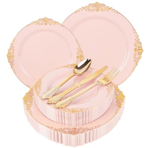 Joyido 125PCS Pink and Gold Plastic Plates - Pink Disposable Plates - Vintage Plate with Gold Plastic Silverware Set for 25 Guests for Weddings Parties - Image 1