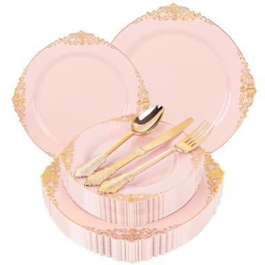 Joyido 125PCS Pink and Gold Plastic Plates - Pink Disposable Plates - Vintage Plate with Gold Plastic Silverware Set for 25 Guests for Weddings Parties - Image 1