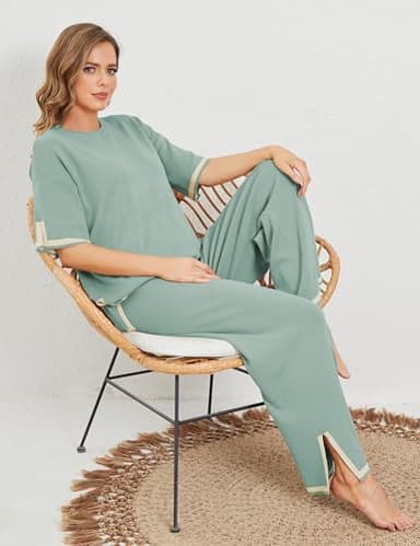 Tanming Sweater Sets Women 2 Piece Lounge Sets Short Sleeve Knit Pullover Tops Wide Leg Pants (GreyGreen-S) - Image 6