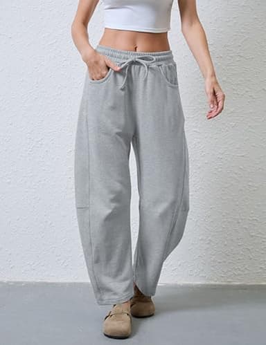 SeekMe Women's Barrel Leg Sweatpant Drawstring Elastic Waisted Wide Leg Pants Casual Cotton Palazzo Trousers with Pockets (0009-Grey-XL) - Image 3