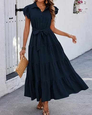 dowerme Women's Summer Casual Dresses 2025 Cap Ruffle Sleeve V Neck Button Belted Tiered Boho Maxi Dress with Pockets(Navy,Large) - Image 6