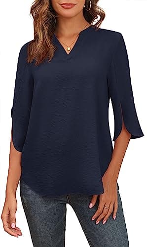 Askyes Womens Tops Casual Chiffon Blouses Soft Comfy Summer Fashion Tee 2024 Loose Fit Blouse Tops,Navy Blue.L - Image 1