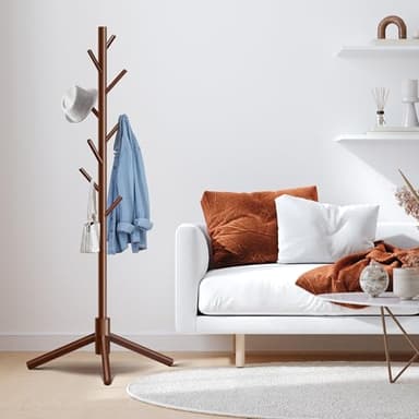 Unisakey Durable Wooden Coat Rack, Freestanding Coat Rack with Stable Triangular Base, 8 Hooks & 3 Adjustable Heights, Simple Assembly for Bedroom, Hallway, Office(New Brown) - Image 3
