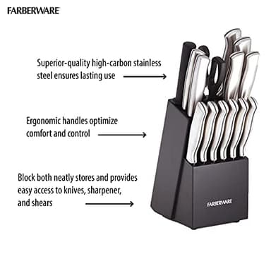 FARBERWARE 15-Piece Kitchen Knife Set with High-Carbon Stainless Steel Blades, Black Handles, Steak Knives, Wood Block, Razor Sharp and Ergonomic - Image 8