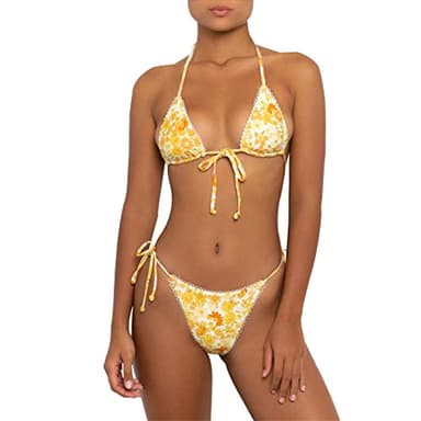 Women's Two Piece Bikini Swimsuit Set Floral Padded Top Tie Side Triangle Thong Bathing Suit Yellow - Image 1