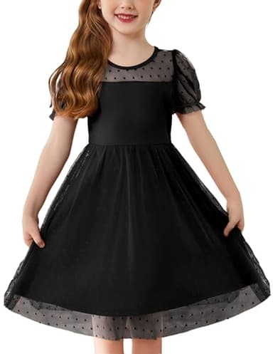 Arshiner Toddler Girls Tulle Summer Puff Sleeve Baby Girls Tutu Princess Party Casual Dress 4-5 Year Black - Image 1