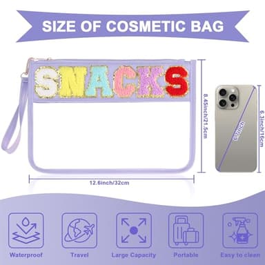 Snack Bag for Travel - Clear Chenille Varsity Letter Flat Pouch with Zipper, Waterproof Clear PVC&PU Preppy Patch Makeup Cosmetic tote Bags for Women Girls (Purple-Snacks) - Image 2
