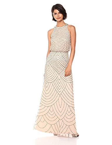 Adrianna Papell womens Art Deco Beaded Blouson Dress with Halter Neckline, nude, 8 - Image 1