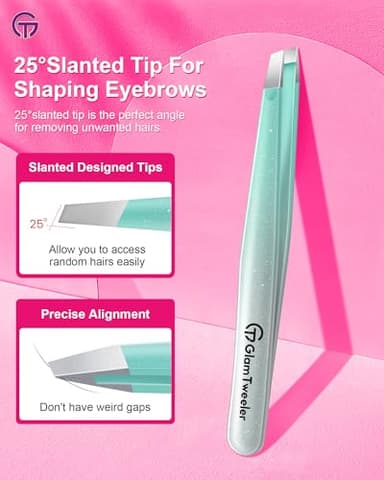 Expert Slant Tip Tweezers with Leather Case, GlamTweeler Sharp & Precision Stainless Steel Tweezer for Eyebrows, Facial Hair and Fine Hairs Removal (Sparkle Mint Green & Silver) - Image 3