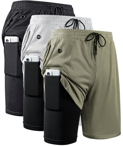 JWJ 3 Pack Men's 2 in 1 Workout Running Shorts 7 Inch Lightweight Athletic Gym Shorts with Compression Liner Black Light Grey Army XXL - Image 1