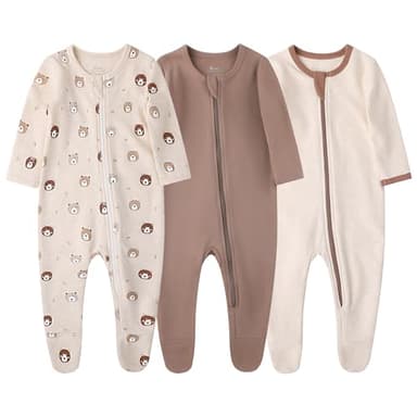O2 BABY Baby Boys Girls Organic Cotton Zip Front Sleeper Pajamas, Footed Sleep 'n Play（0-3 Months, Brown & Bear & Oatmeal） - Image 1