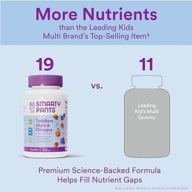 SmartyPants Toddler Multivitamin Gummies: Omega 3 Fish Oil (EPA/DHA), Vitamin D3, C, Vitamin B12, B6, A, K & Zinc, Biotin, Beta Carotene, Gluten Free, Three Fruit Flavors, 90 Count (30 Day Supply) - Image 5