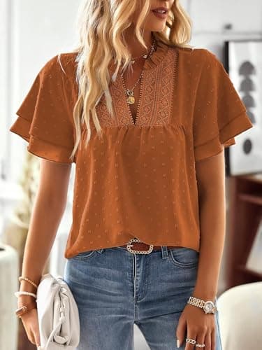 Falechay Plus Size Tops for Women Dressy Casual Short Sleeves Western Womens Blouses V Neck Ruffle Sleeve Summer Shirts Business Cute Swiss Dot Boho Top Bohemian Flowy Shirt Caramel 4XL - Image 4