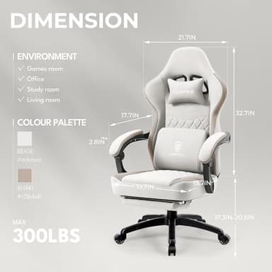 Dowinx Gaming Chair Breathable Fabric Computer Chair with Pocket Spring Cushion, Comfortable Office Chair with Gel Pad and Storage Bag,Massage Game Chair with Footrest,Beige - Image 3