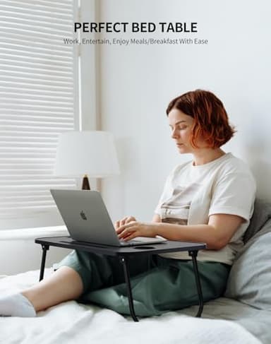 ZEAPTAC Laptop Bed Desk, Foldable Lap Table, Portable Study Table, Laptop Stand with Cup Holder & Tablet Slot & Lifting Handle for Working Writing Drawing & Eating - Dark Black - Image 2