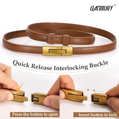 LEACOOLKEY 2 Pack Women Skinny Leather Belts Ladies Vintage Gold Buckle Thin Waist Belts for Dresses Black+Brown - Image 4