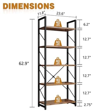 Bookshelf, 5 Tier Bookshelves, Home Office Bookcase Shelf Storage Organizer, Free Standing Storage Shelving Unit for Bedroom, Living Room and Home Office,Rustic Brown - Image 3