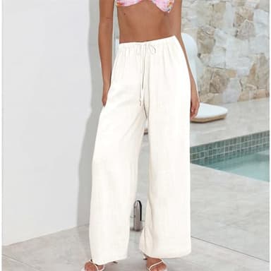 Duyang Womens Cotton Linen Palazzo Pants Drawstring Elastic Waist Casual Wide Leg Trousers with Pockets(Apricot,S) - Image 4