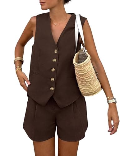 PRETTYGARDEN Women's Summer 2 Piece Outfits Sleeveless Matching Sets Button Down V Neck Vest Waistcoat and Pockets Shorts (Dark Coffee,Small) - Image 1