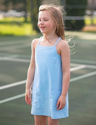 Arshiner Girls Dress with Shorts Casual Summer Spaghetti Straps One Piece Romper Dresses with Pockets for Kid 5-15 Y Light Blue - Image 3
