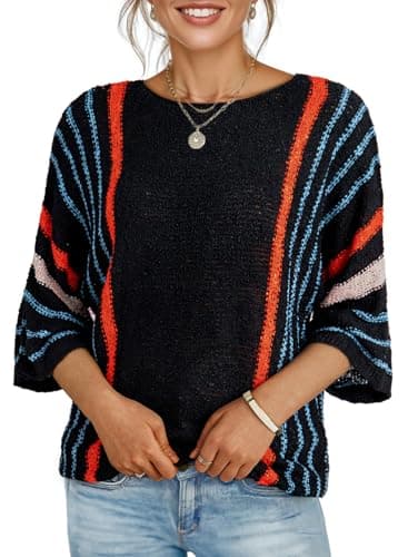 Dokotoo Womens Sweaters Casual Fall Winter 2025 Fashion Crewneck Color Block Striped Wide 3/4 Sleeve Tops Oversized Lightweight Comfy Cozy Cable Knit Trendy Pullover Sweaters Black 2XL - Image 1
