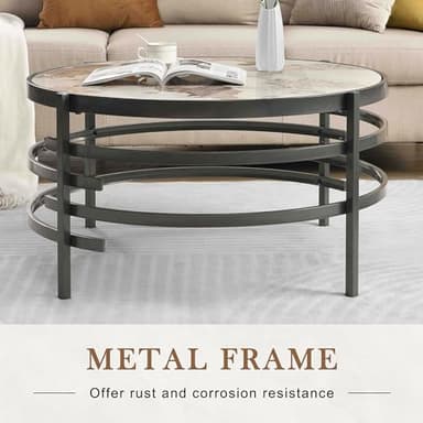 Round Coffee Table Living Room - LifeSky 32" Faux Marble Circle Center Table Stone Metal Grey - Image 5