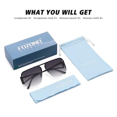 Fozono Retro Trendy Aviator Sunglasses Womens Mens Large Oversized Square Sun Glasses Metal Rimless Frame Shades FZN904 (Black/Gradient Grey) - Image 6