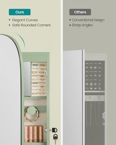 SONGMICS Jewelry Organizer, LED Jewelry Cabinet Wall/Door Mounted, Lockable Rounded Wide Mirror with Storage, Interior Mirror, 3.9 x 16.5 x 42.5 Inches, Laurel Green Surface with Cream White Lining - Image 3