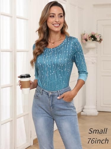 Zeagoo Leaves Print Three-Quarter Sleeve T-shirt Casual Crew Neck Top For Summer Fall Women's Work Clothing - Image 3