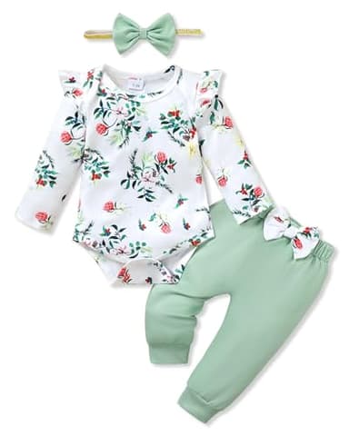 YALLET Baby Girl Clothes Newborn Infant Girl Outfits Floral Romper+Pants+Headband Fall Baby Layettes for Clothing 0-18 Months(Green, 3-6 Months) - Image 1