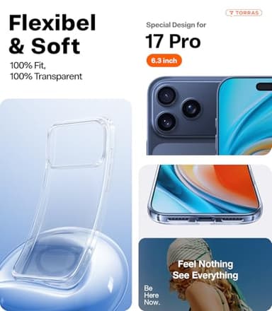 TORRAS for iPhone 17 Pro Case Crystal Clear, Ultra-Thin, 2025 Upgraded Non-Yellowing, Military-Grade Protection, Transparent Slim Case for iPhone 17 Pro Phone Case, Soft, Anti-Scratch, Clear - Image 8