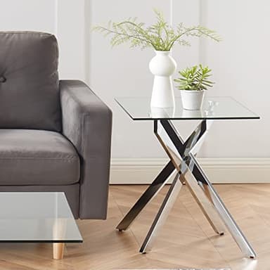 Modern Style Square Side Table with Tempered Glass Top and Metal Tubular Legs, Silver 20”Dx20”Wx22”H - Image 3