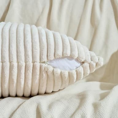 Fancy Homi Set of 2 Cream Boho Neutral Decorative Throw Pillow Covers 18x18 Inch for Couch Bed Sofa, Aesthetic Modern Farmhouse Home Decor, Soft Fluffy Corduroy Beige Cute Cushion Case 45 cm - Image 3