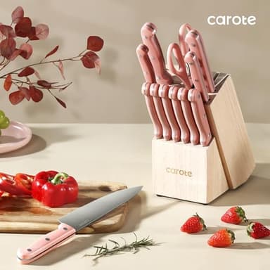 CAROTE 14 Pieces Knife Set with Block, Forged, High Carbon Stainless Steel Sharp Blade Block Knife Set, Dishwasher Safe Cutlery, Sandstone Pink - Image 8