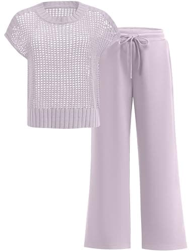 ANRABESS Women Two Piece Outfits Crochet Sheer Knit Sweater Top Wide Leg Pants Lounge Matching Sets Sweatsuit Travel Clothes Light Purple Small - Image 1