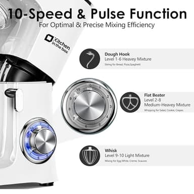 Kitchen in the Box Stand Mixer, 900W 8.5 QT Kitchen Electric Mixer, 10-Speed Large Capacity Tilt-head Food Mixer with Dough Hook, Wire Whip, Flat Beater & Splash Guard (White) (Renewed) - Image 4