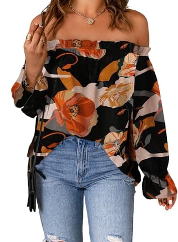 Spriolim Women's Fashion Off Shoulder Top Long Sleeve Casual Shirt Cute Blouses Boho Black, X-Large - Image 1