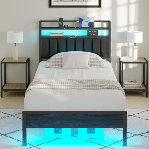 Twin Size Bed Frame with Charging Station and LED Lights, Metal Bed Frame with Headboard, Black Upholstered Headboard with 2-Tier Storage Shelves, Noise Free, No Box Spring Needed, Black - Image 1